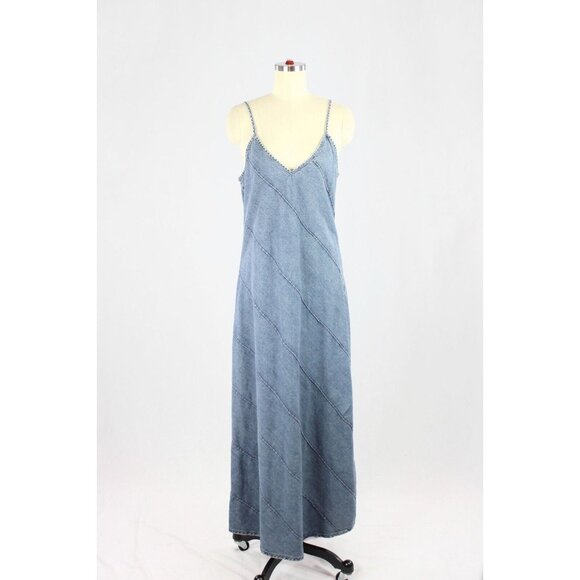 Zara Dresses & Skirts - ZARA Medium Blue Cotton Chambray Denim Panelled V-Neck A-Line Maxi Dress, Size S